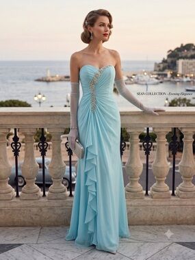Sean Collection Vintage Strapless Embellished Chiffon Gown Aqua Blue Sz2